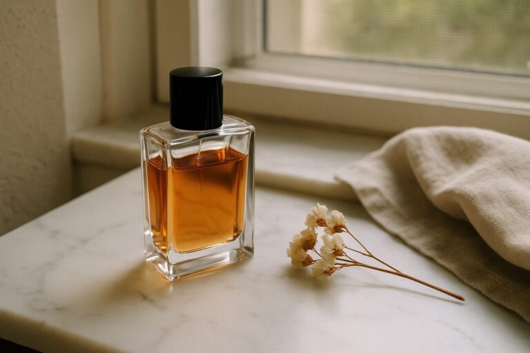 Flacon de parfum ambré sur un rebord en marbre près d'une fenêtre, lumière naturelle